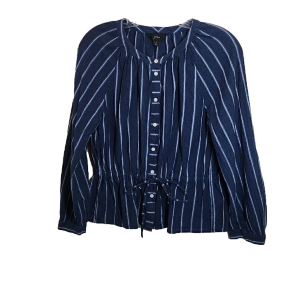 JCREW Linen Blend Denim Top Full Button Front Cinching Waist Contrasting Stripes - Picture 1 of 15